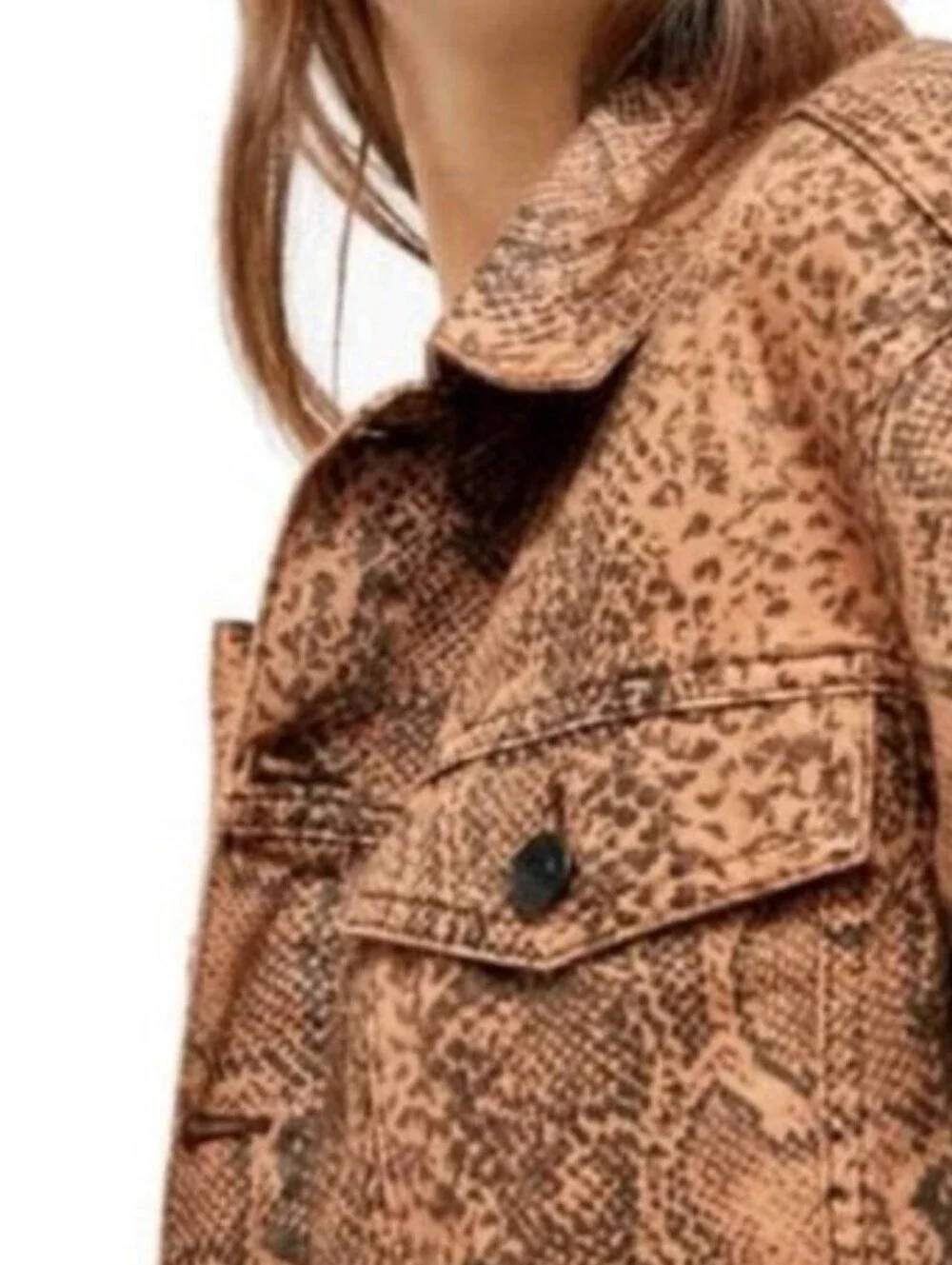 Free People Tucker Brown Snake-Print Denim Jacket Large - Picture 7 of 9